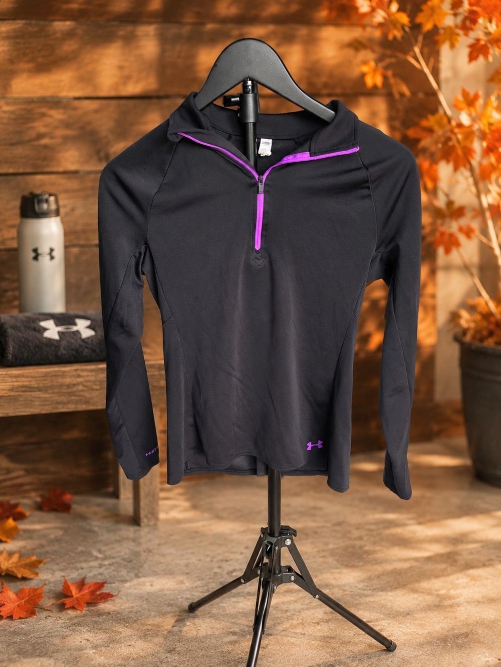 Under Armour Girls' Black Half-Zip Performance Top with Purple Trim